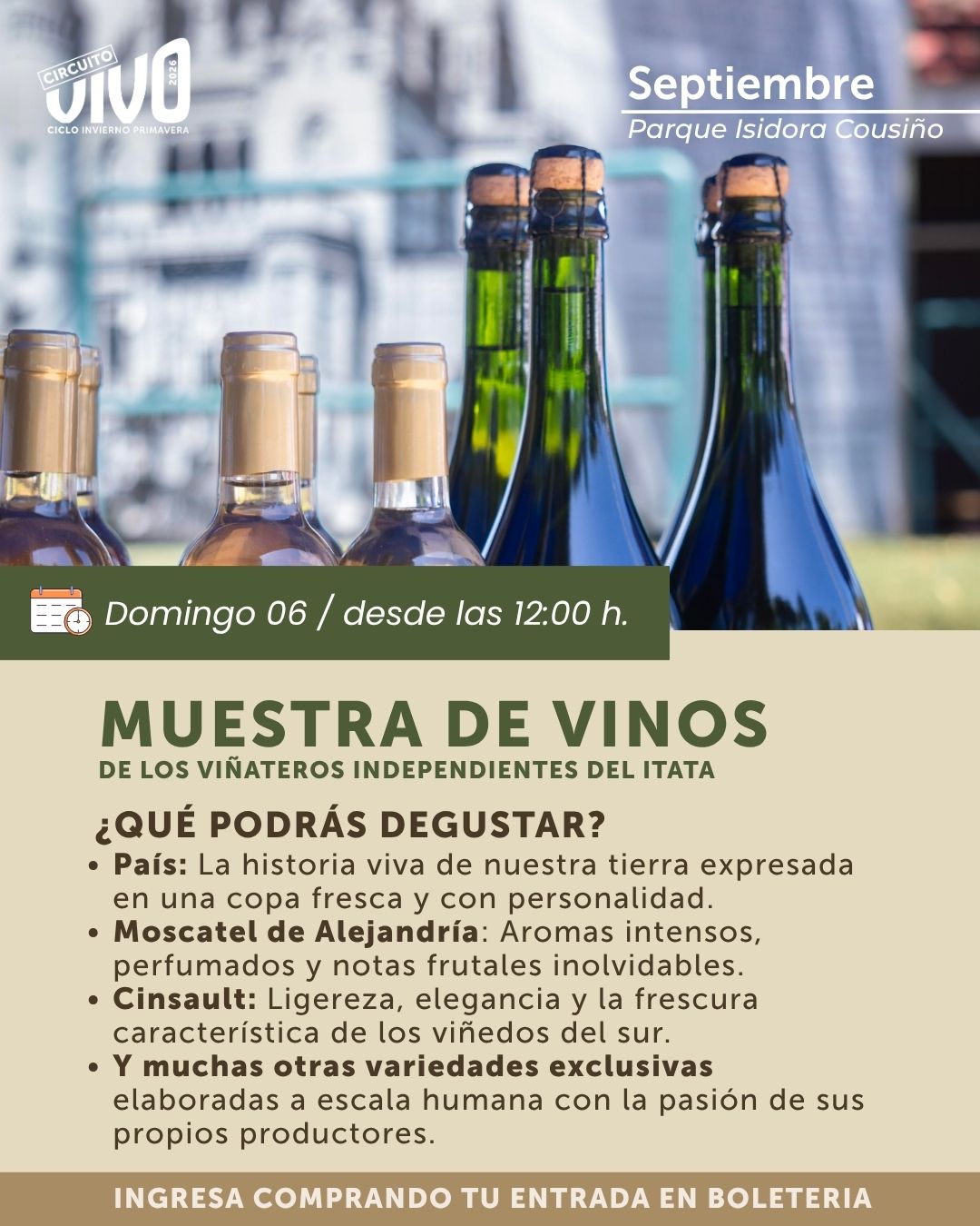 Afiche de la Muestra de Vinos de los Viñateros Independientes del Itata, domingo 6 de septiembre desde las 12:00 horas
